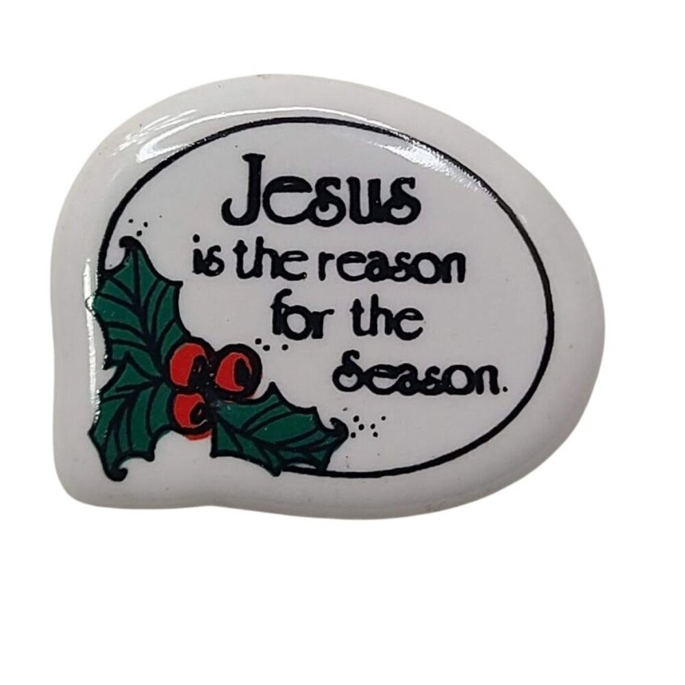 Vintage Ceramic Lapel Pin Jesus Is the Reason for the Season Holly Berries Relig